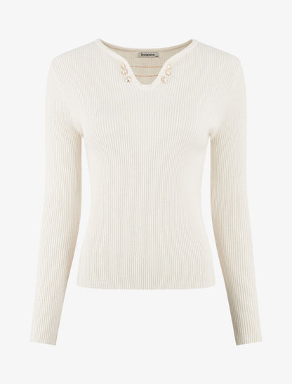 Pull côtelé ajusté à col bijoux - Écru - 5