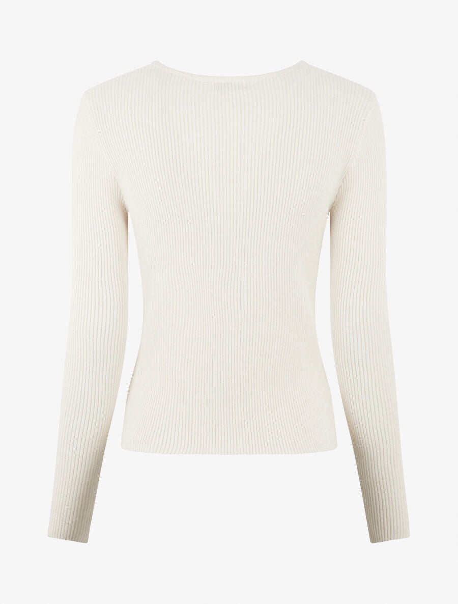 Pull côtelé ajusté à col bijoux - Écru - 2