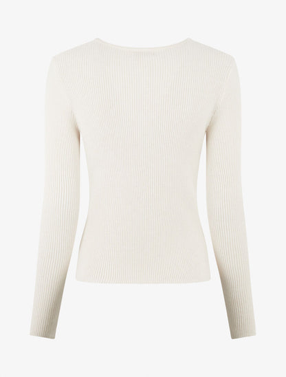 Pull côtelé ajusté à col bijoux - Écru - 2
