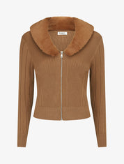 Gilet zippé et col à fourrure synthétique - Camel - 1