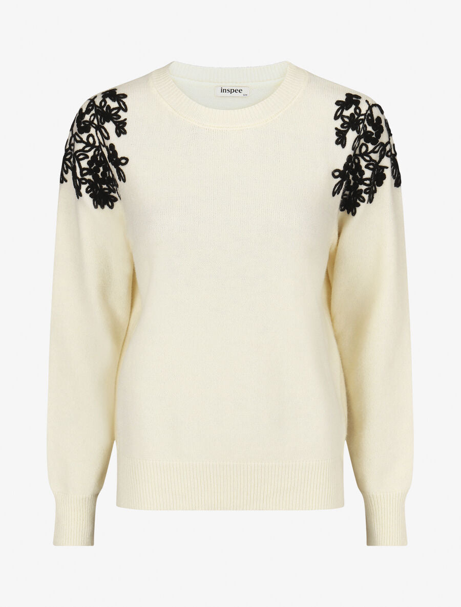 Pull uni à broderies fleuries aux épaules - Beige - 1