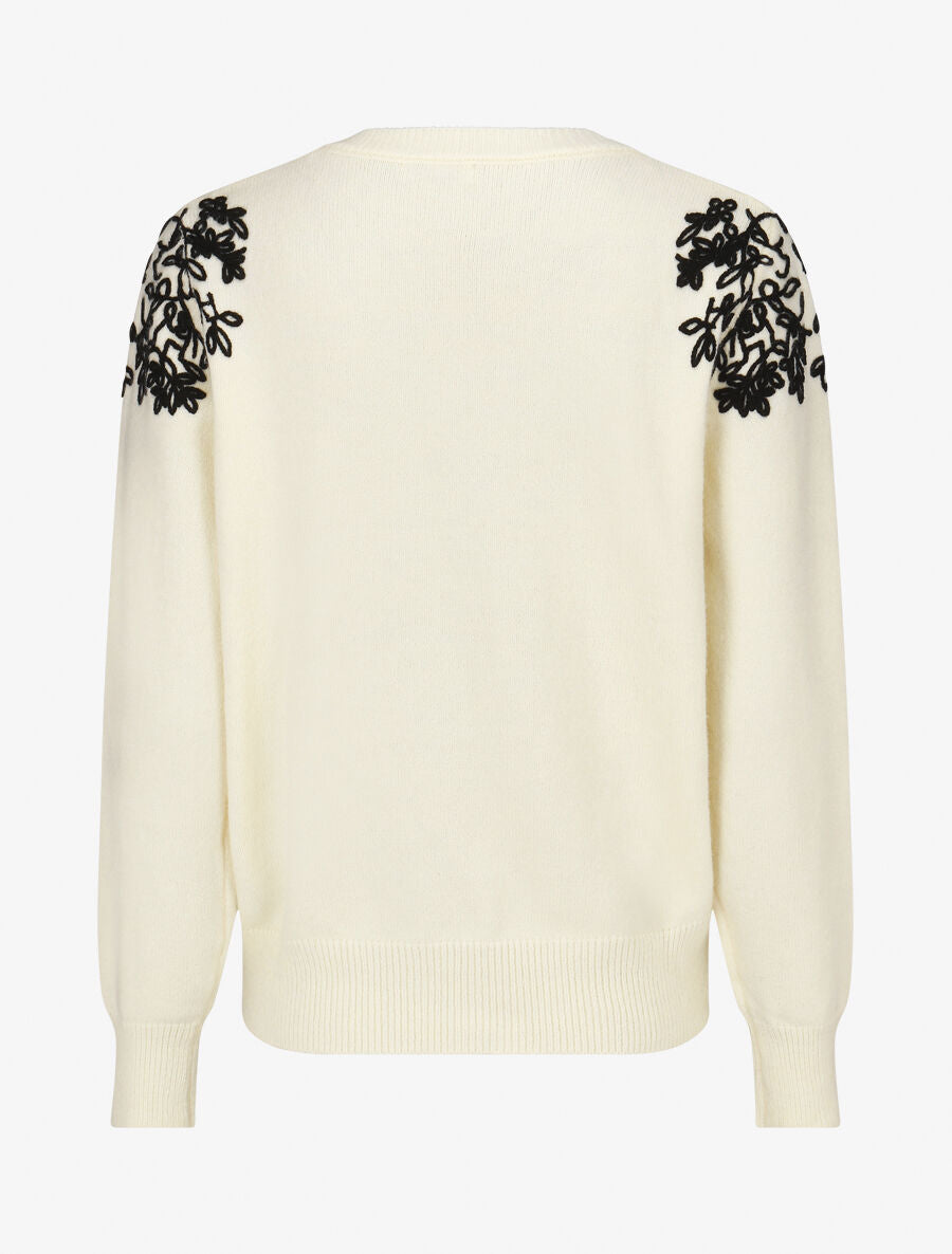 Pull uni à broderies fleuries aux épaules - Beige - 2