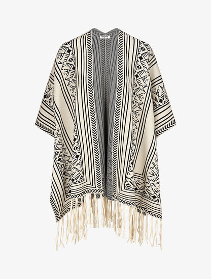 Poncho à imprimé graphique et franges - Blanc - 4