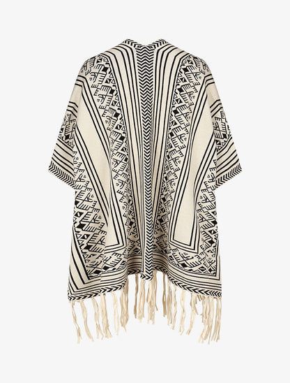 Poncho à imprimé graphique et franges - Blanc - 2
