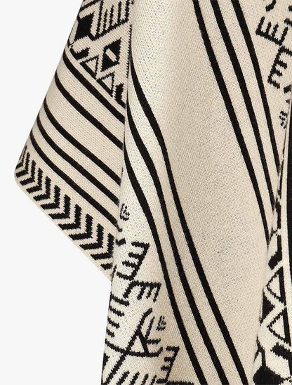 Poncho à imprimé graphique et franges - Blanc - 3