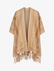 Poncho à imprimé graphique et franges - Camel - 4