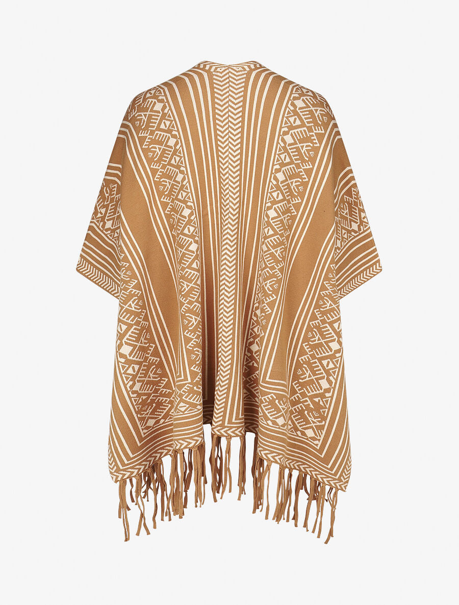 Poncho à imprimé graphique et franges - Camel - 2
