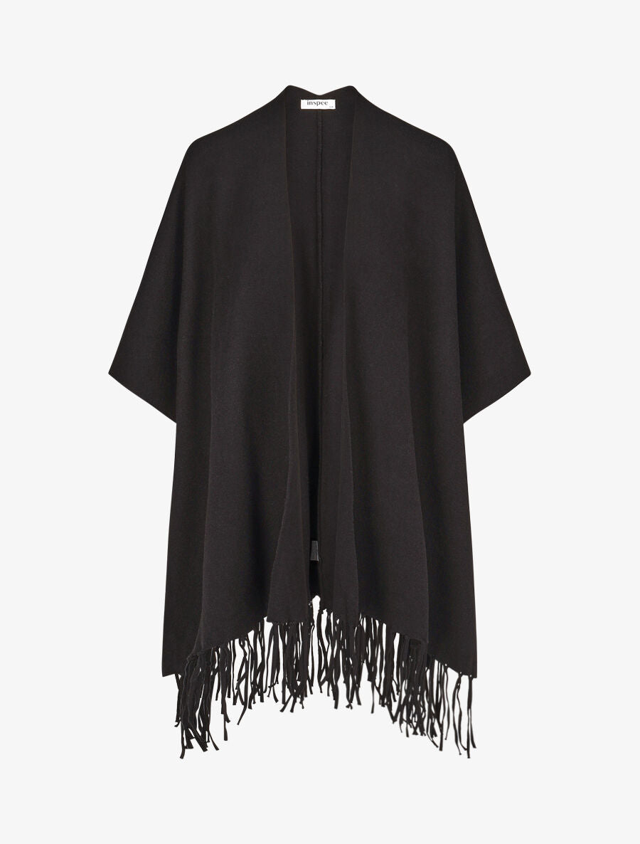 Poncho uni et franges - Noir - 5