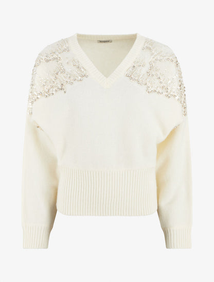 Pull uni à empiècement strass et perles aux épaules - Écru - 1