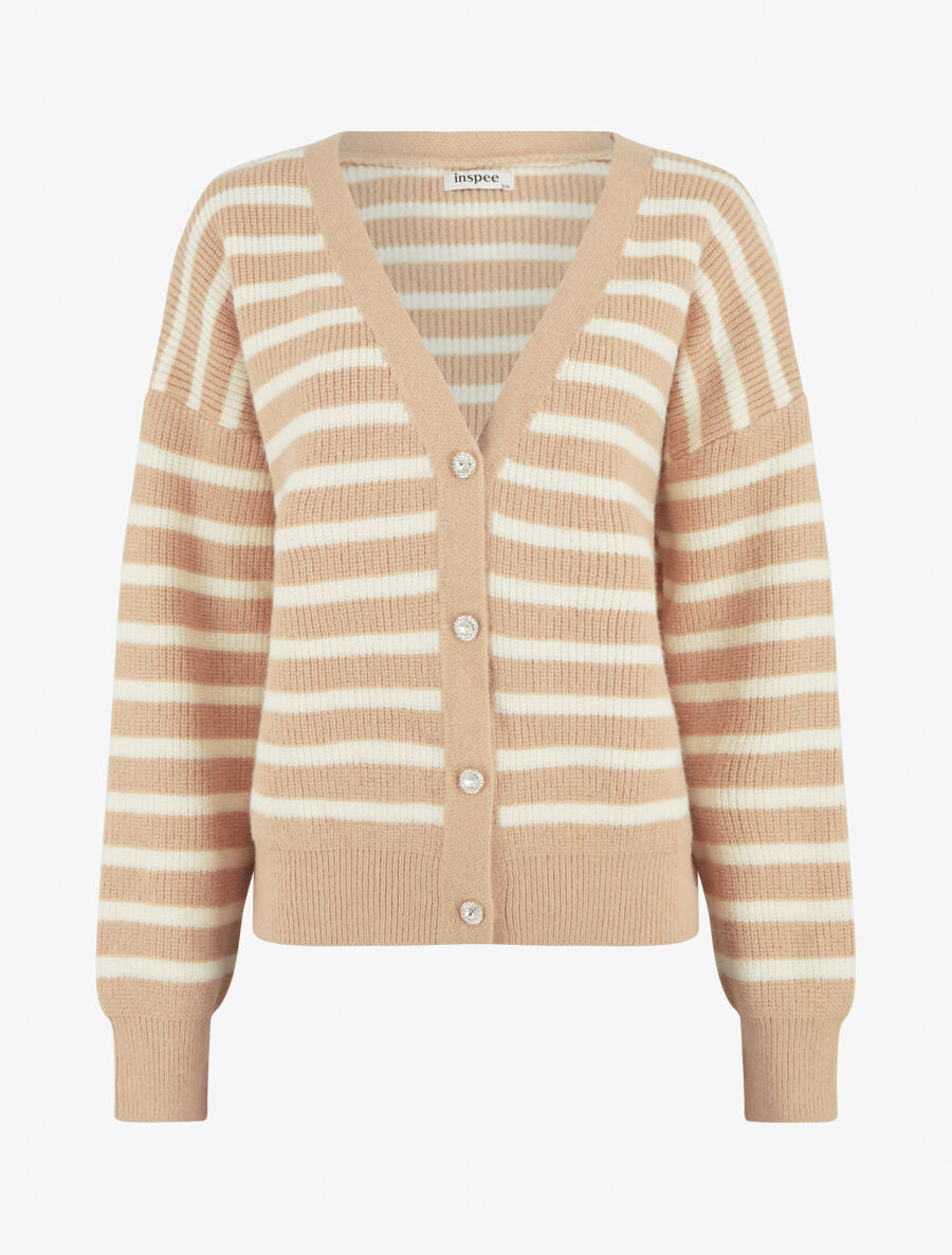 Cardigan rayé à boutons strassés - Taupe - 1