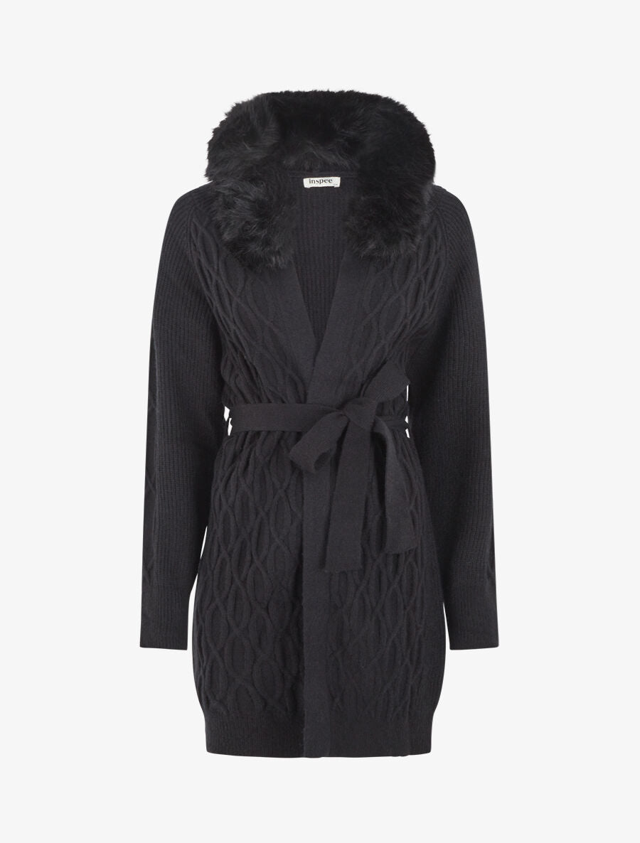 Gilet ample à col en fourrure - Noir - 5