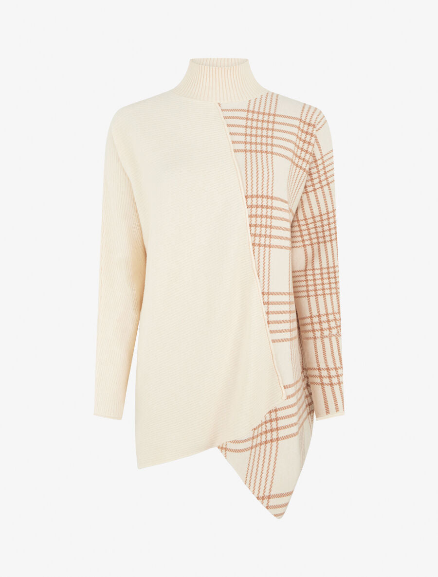 Pull ample motif carreaux et bord asymétriques - Beige - 4