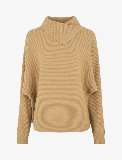 Pull ample côtelé à col montant asymétrique - Beige - 4
