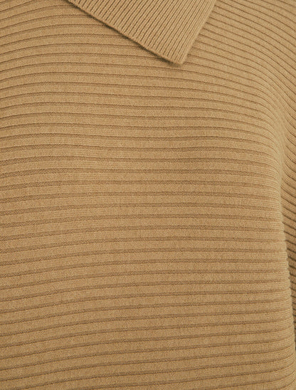 Pull ample côtelé à col montant asymétrique - Beige - 3