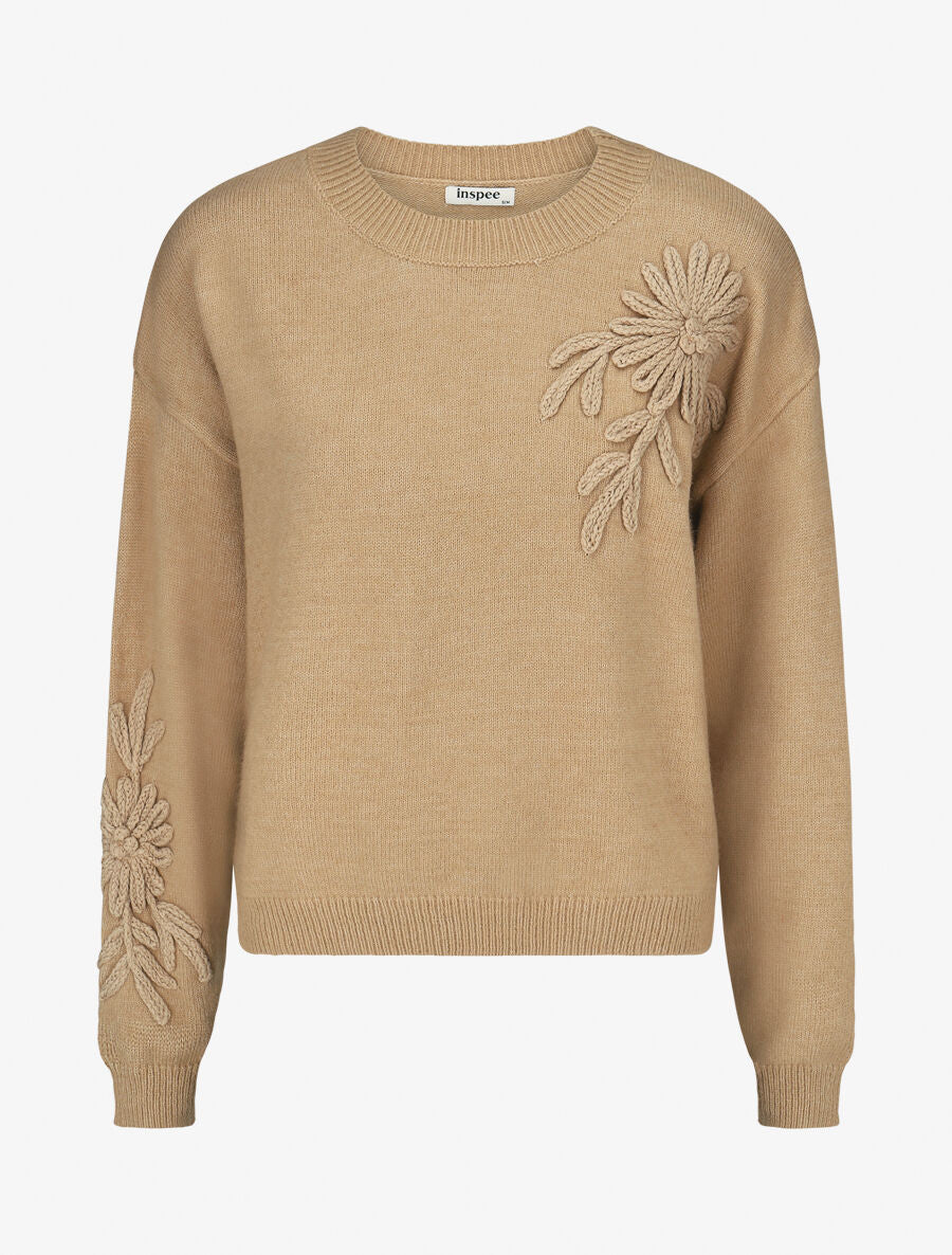 Pull uni avec broderies fleurs - Beige - 1