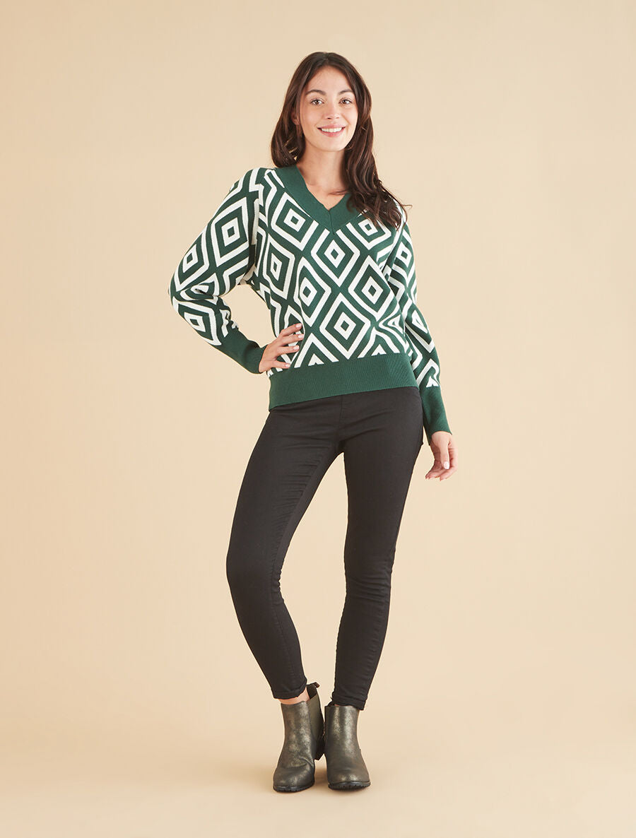 Pull imprimé losanges à col V - Vert sapin - 4