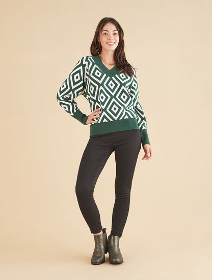 Pull imprimé losanges à col V - Vert sapin - 4