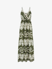 Robe longue à fines bretelles imprimé fantaisie - Kaki - 1