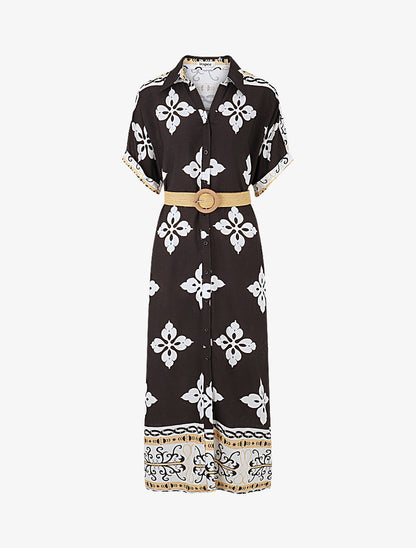 Robe chemise longue manches courtes imprimé floral - Noir - 1