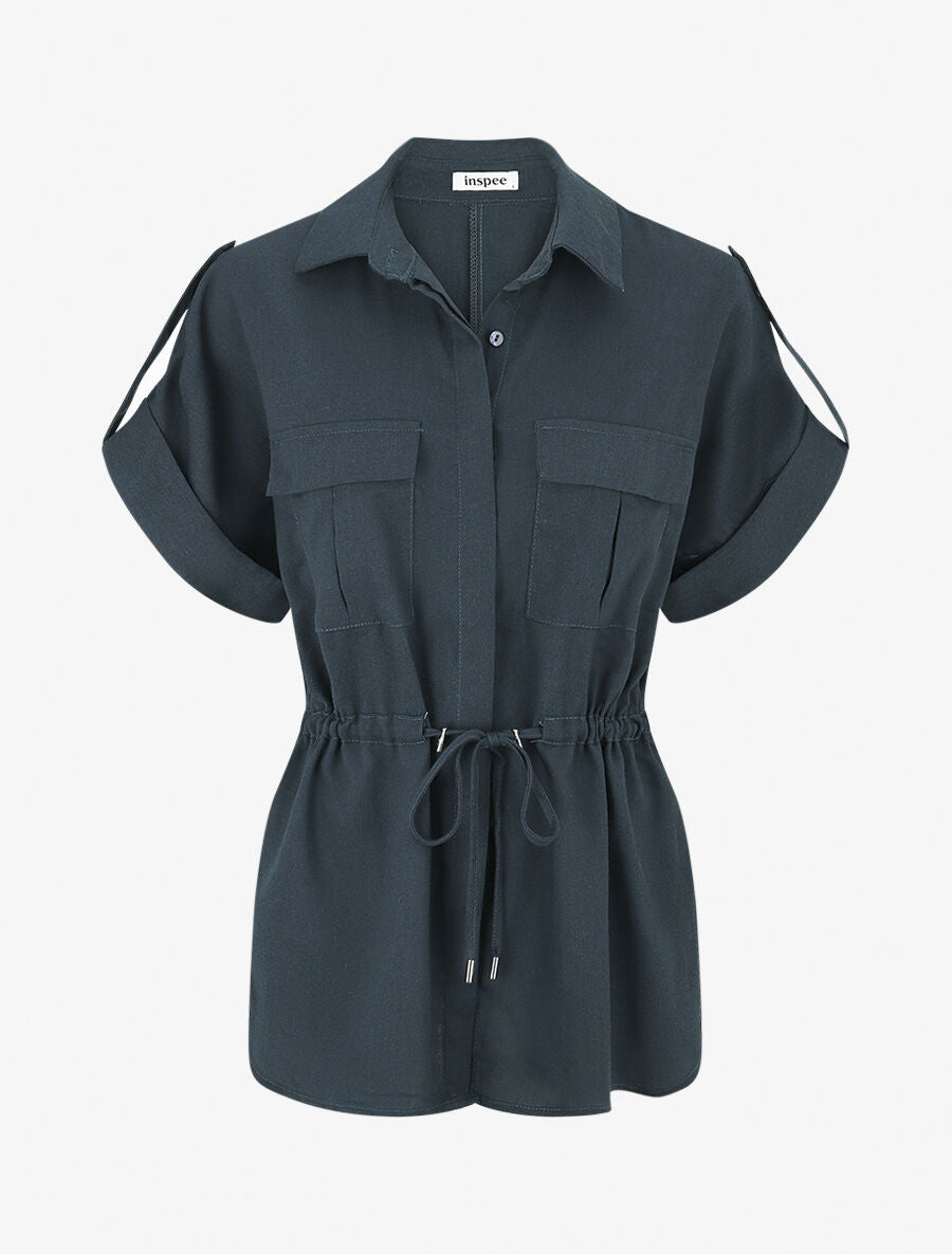 Ensemble chemise et pantalon uni effet lin - Bleu pétrole - 3