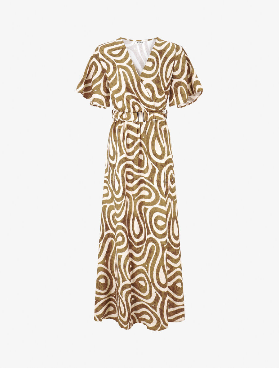 Robe longue col cache-coeur imprimé graphique - Taupe - 1