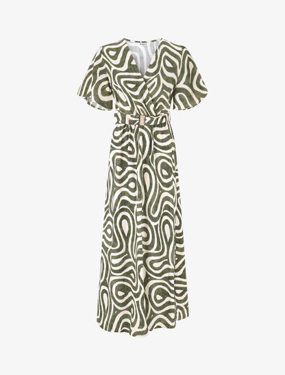 Robe longue col cache-coeur imprimé graphique - Kaki - 4