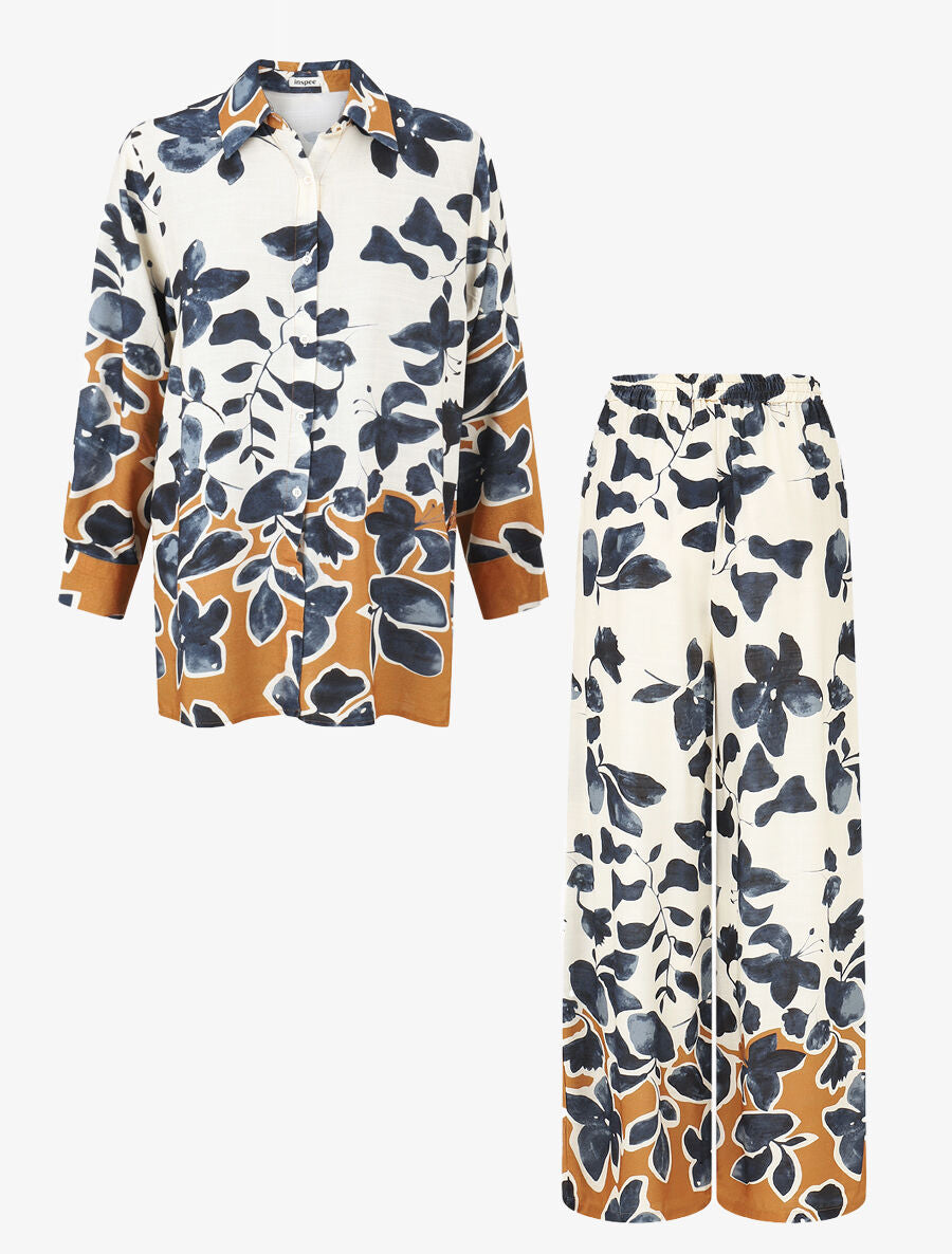 Ensemble chemise et pantalon imprimé floral - Marine - 2