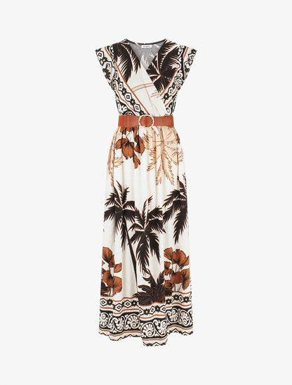 Robe longue à imprimé tropical et mosaïque - Marron - 1