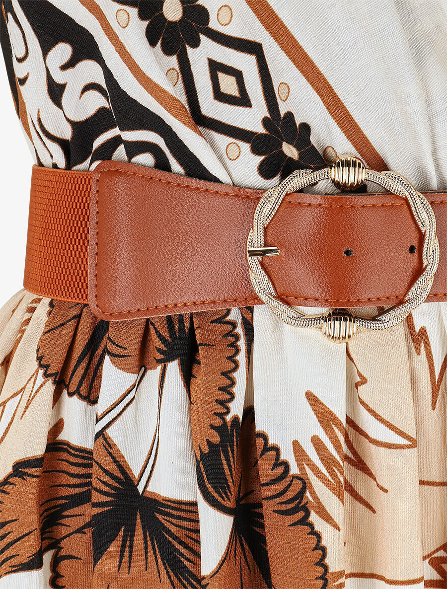 Robe longue à imprimé tropical et mosaïque - Marron - 3