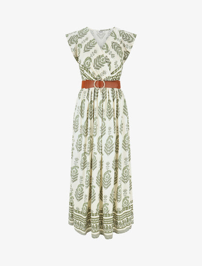 Robe longue à imprimé fantaisie et mosaïque - Kaki - 1