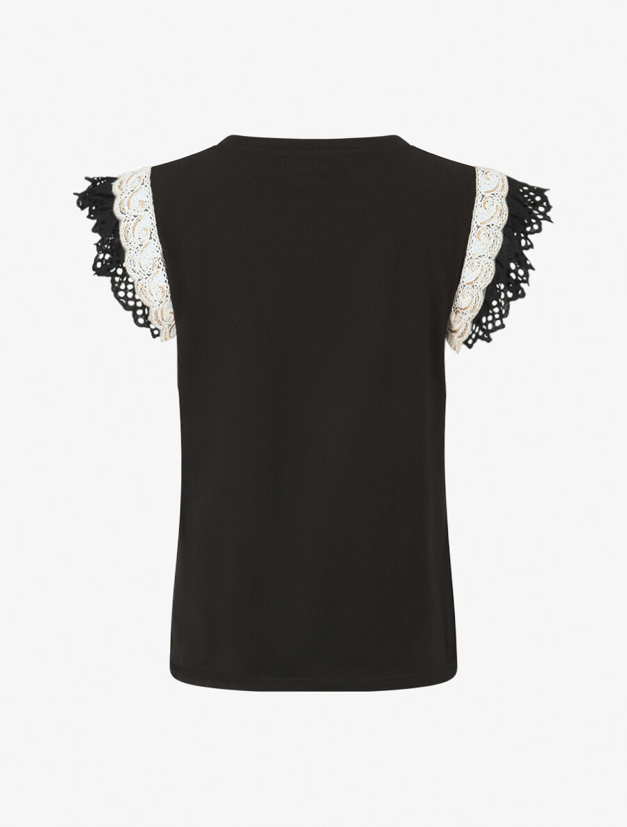 Top en coton à mancherons en dentelle - Noir - 2