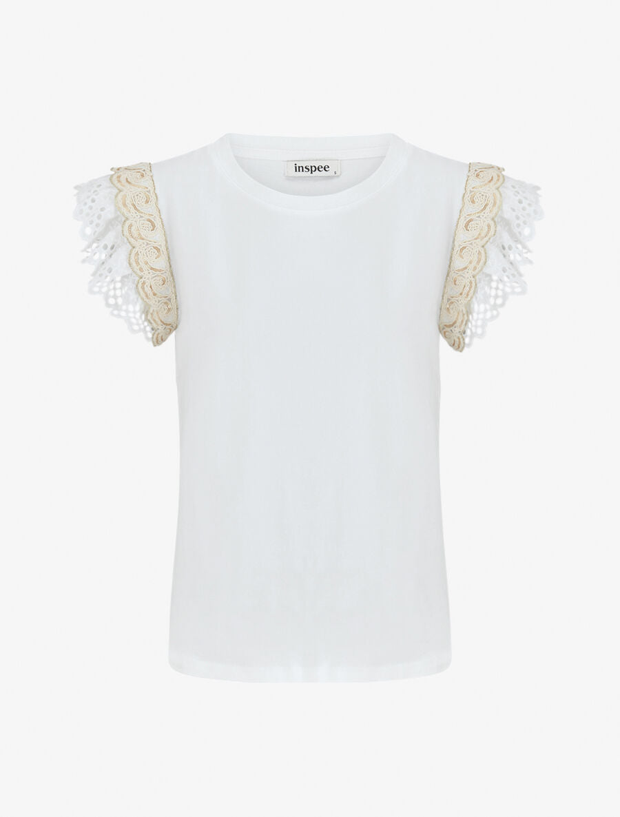 Top en coton à mancherons en dentelle - Blanc - 1