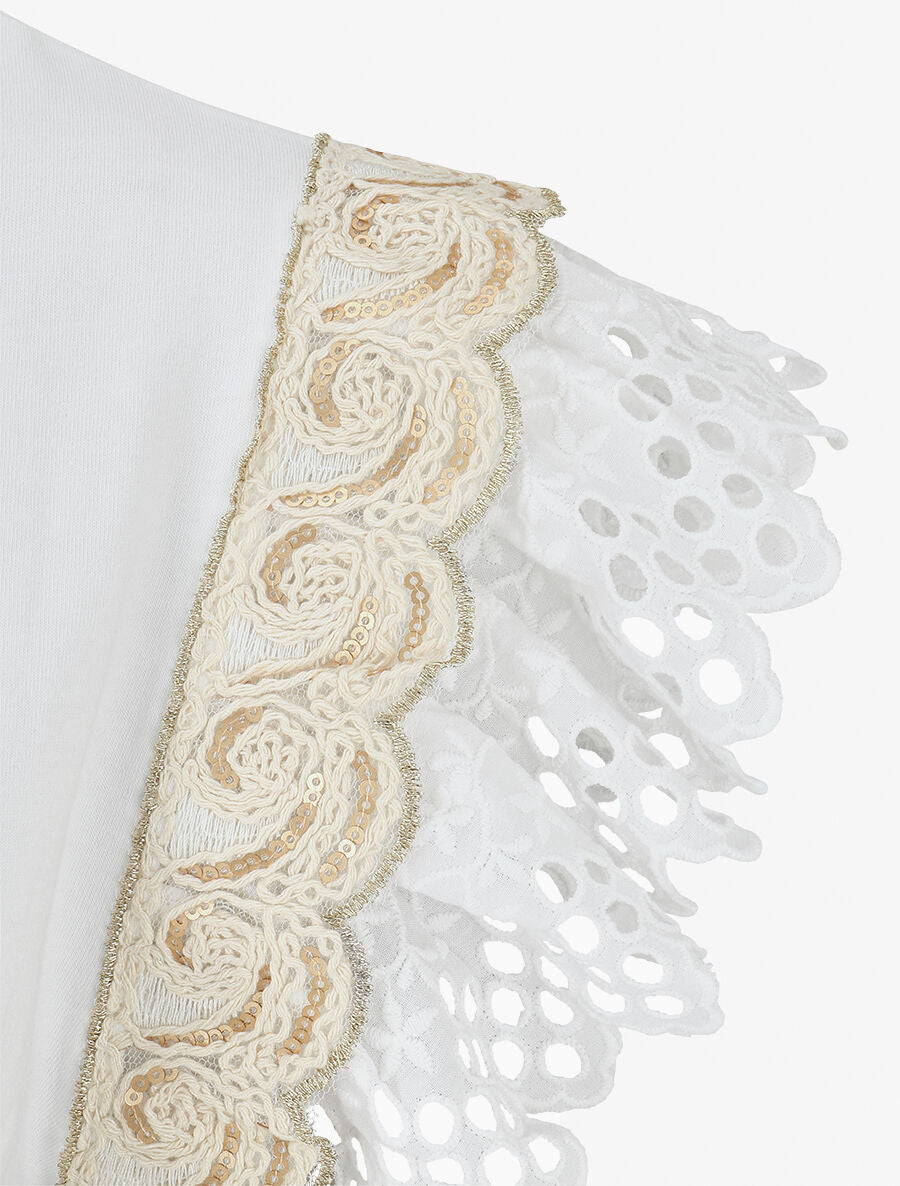 Top en coton à mancherons en dentelle - Blanc - 3