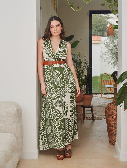 Robe longue sans manches feuilles graphiques - Kaki - 4