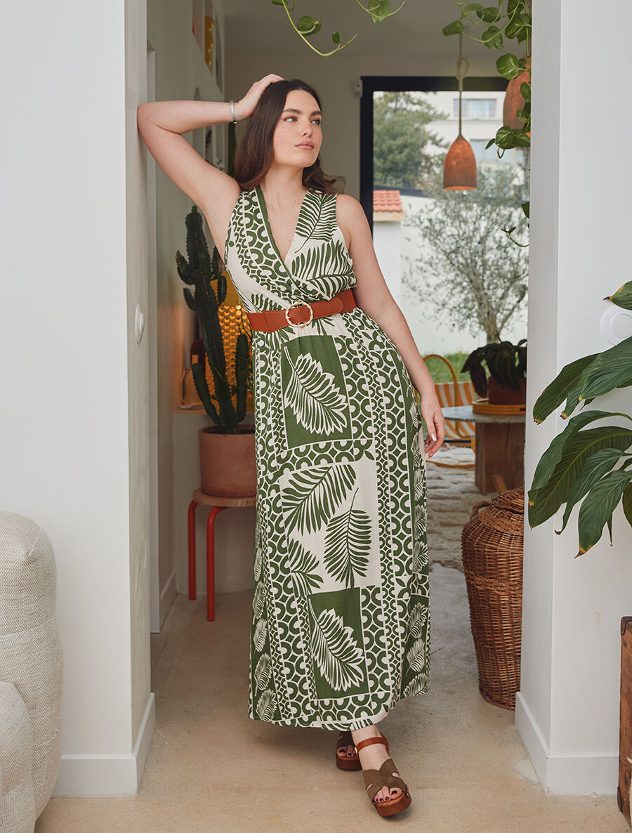 Robe longue sans manches feuilles graphiques - Kaki - 5