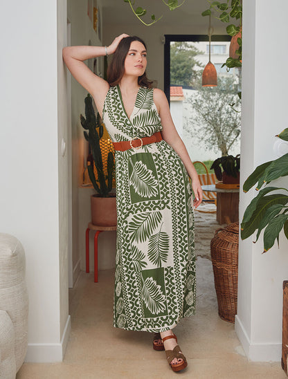 Robe longue sans manches feuilles graphiques - Kaki - 5