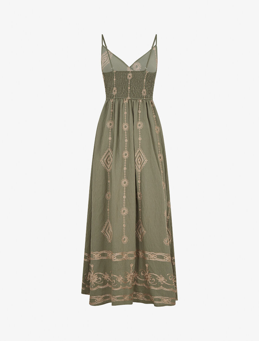 Robe longue à fines bretelles et broderies irisées - Kaki - 2