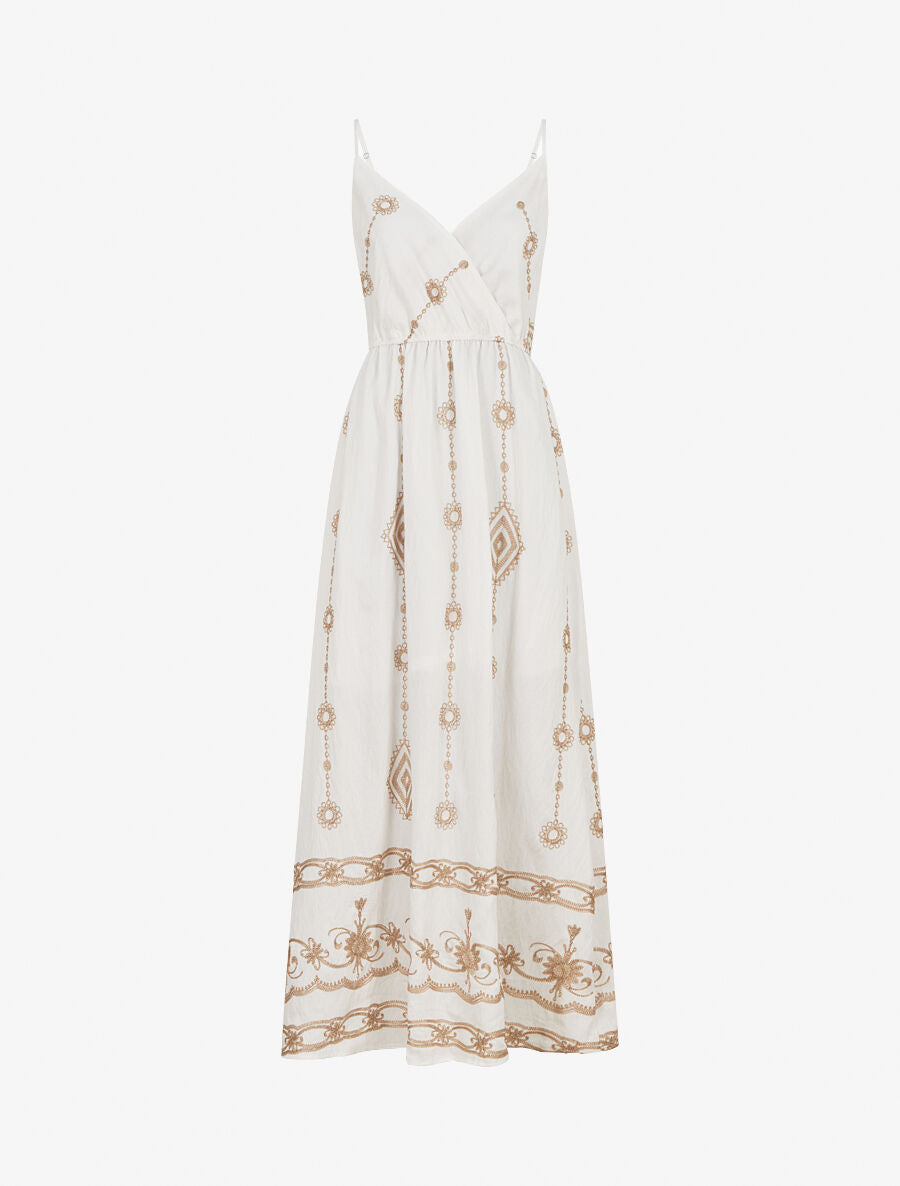 Robe longue à fines bretelles et broderies irisées - Blanc - 1