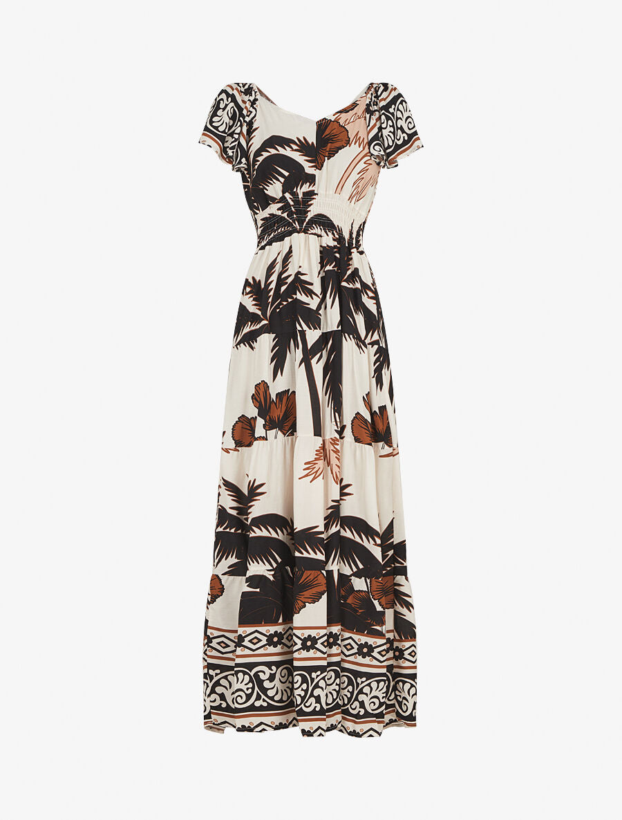 Robe longue imprimé palmier à manches courtes - Noir - 1