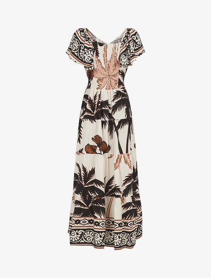 Robe longue imprimé palmier à manches courtes - Noir - 2