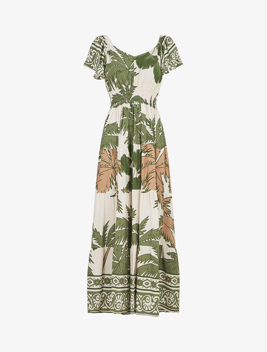 Robe longue imprimé palmier à manches courtes - Kaki - 1