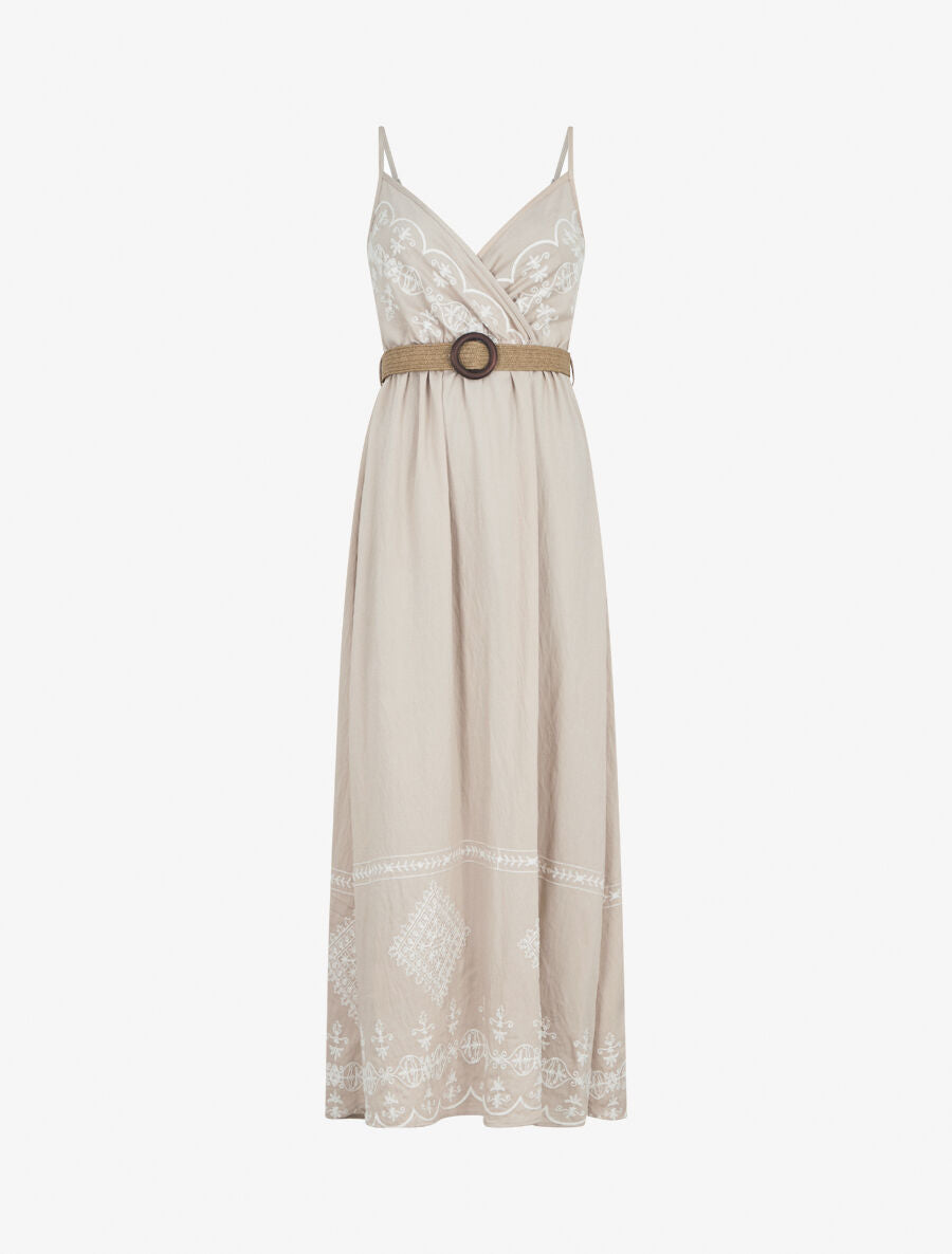 Robe longue à fines bretelles et broderies - Beige - 1