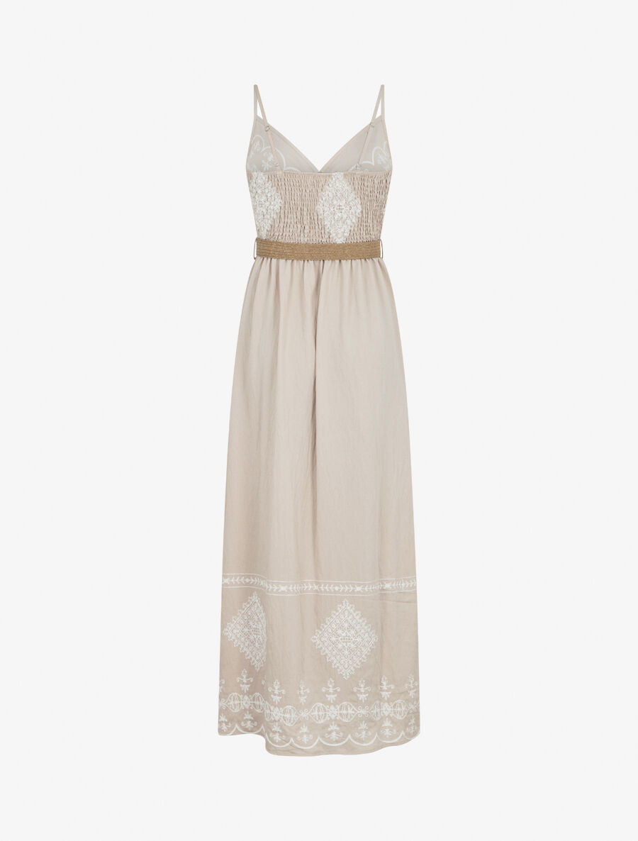 Robe longue à fines bretelles et broderies - Beige - 2