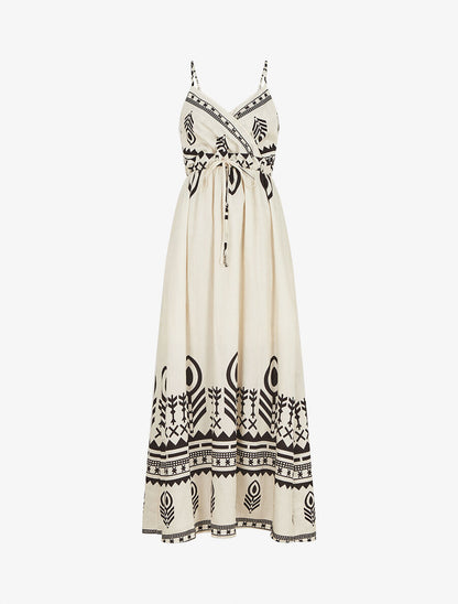Robe longue à fines bretelles imprimé ethnique - Écru - 1