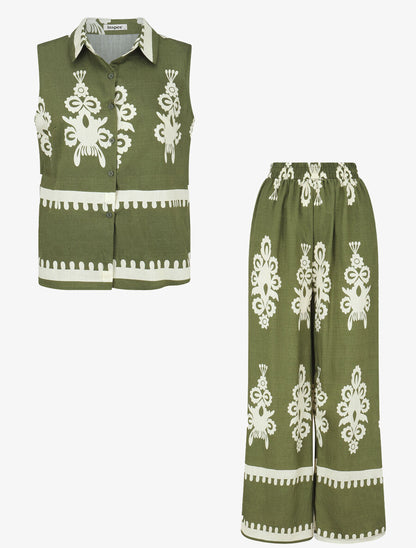 Ensemble top sans manches et pantalon imprimé ikat - Kaki - 1