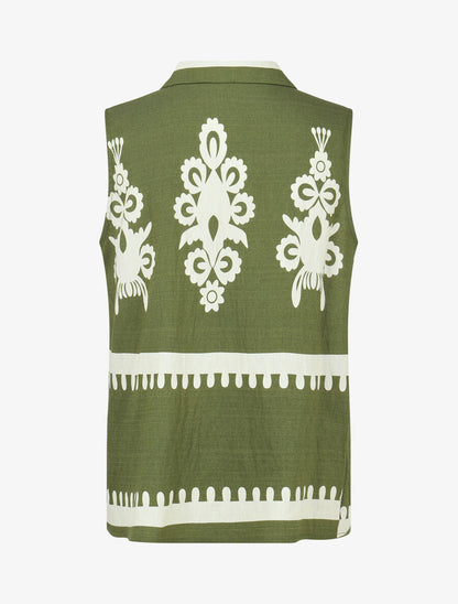 Ensemble top sans manches et pantalon imprimé ikat - Kaki - 3