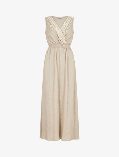 Robe longue sans manches unie col à pompons - Beige - 1