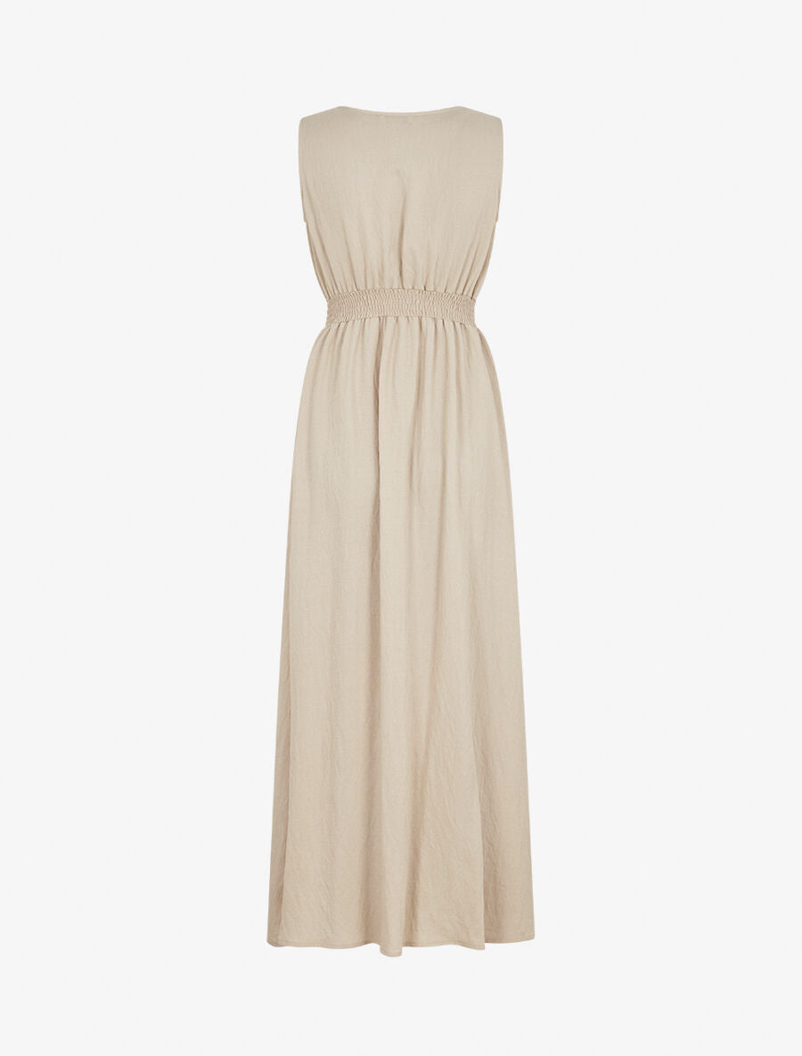 Robe longue sans manches unie col à pompons - Beige - 2