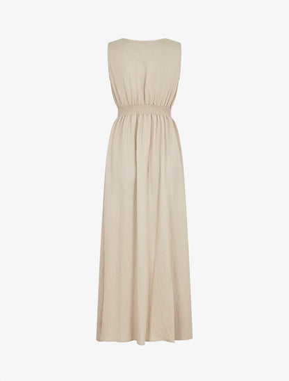 Robe longue sans manches unie col à pompons - Beige - 2