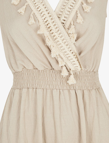 Robe longue sans manches unie col à pompons - Beige - 3